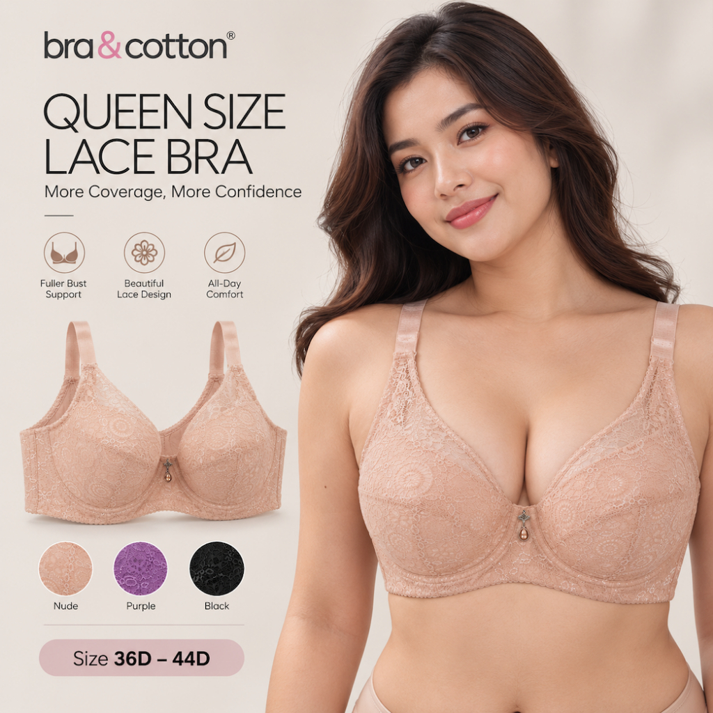 B&C Queen Size Lace Bra Plus Size D Cup Underwire Bra Full Coverage Supportive Bra Wanita Size ขนาดใ