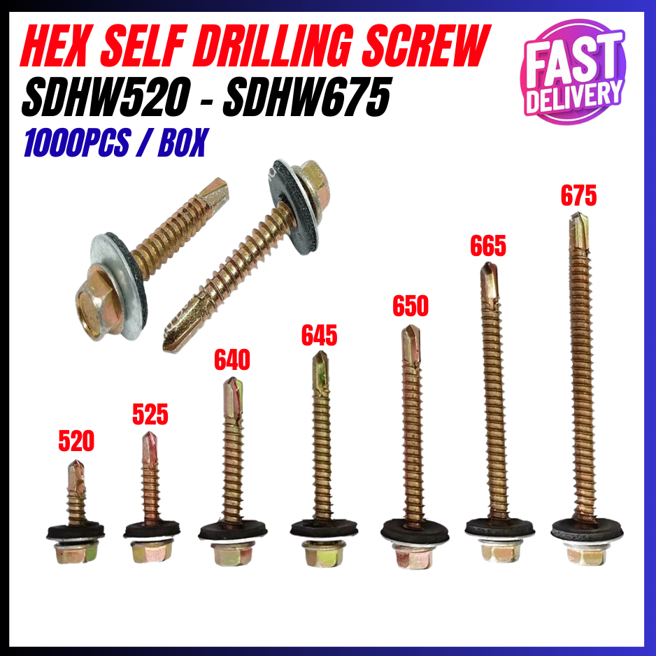 (กล่อง/KOTAK) 1000 ชิ้น DS520HW HexSelf เจาะสกรูพร้อมสกรูเครื่องซักผ้า DS525HW DS640HW DS645HW DS650