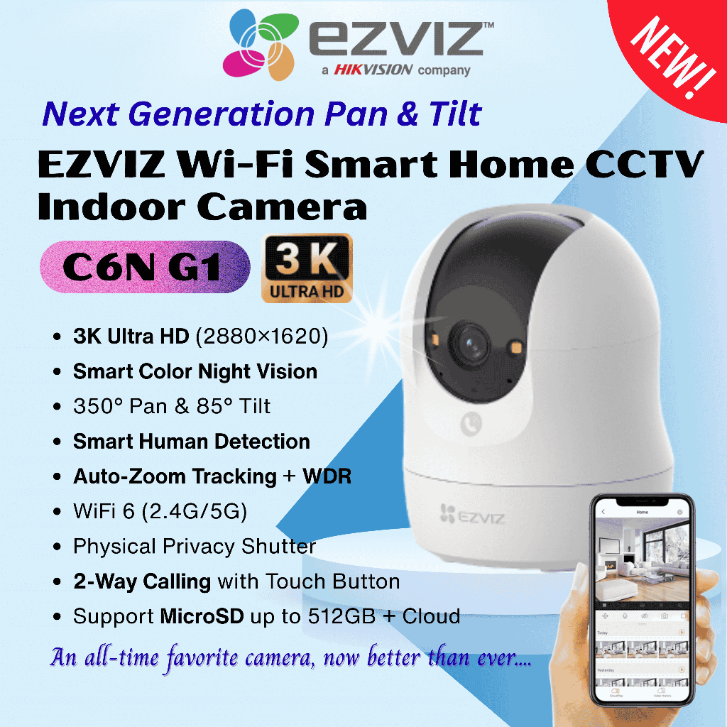 HIKVISION กล้องวงจรปิด EZVIZ (ยี่ห้อ Global Top) SMART HOME WIFI CAMERA |C6N G1 | 4K/3K | Indoor 360