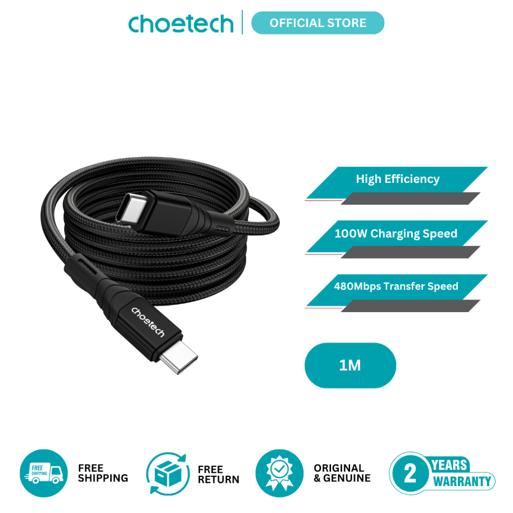 Choetech XCC-1008 สาย USB C ถึง C 100W PD Fast ชาร์จไนลอนถักสําหรับ iPhone 17 16 15 iPad S25 MacBook