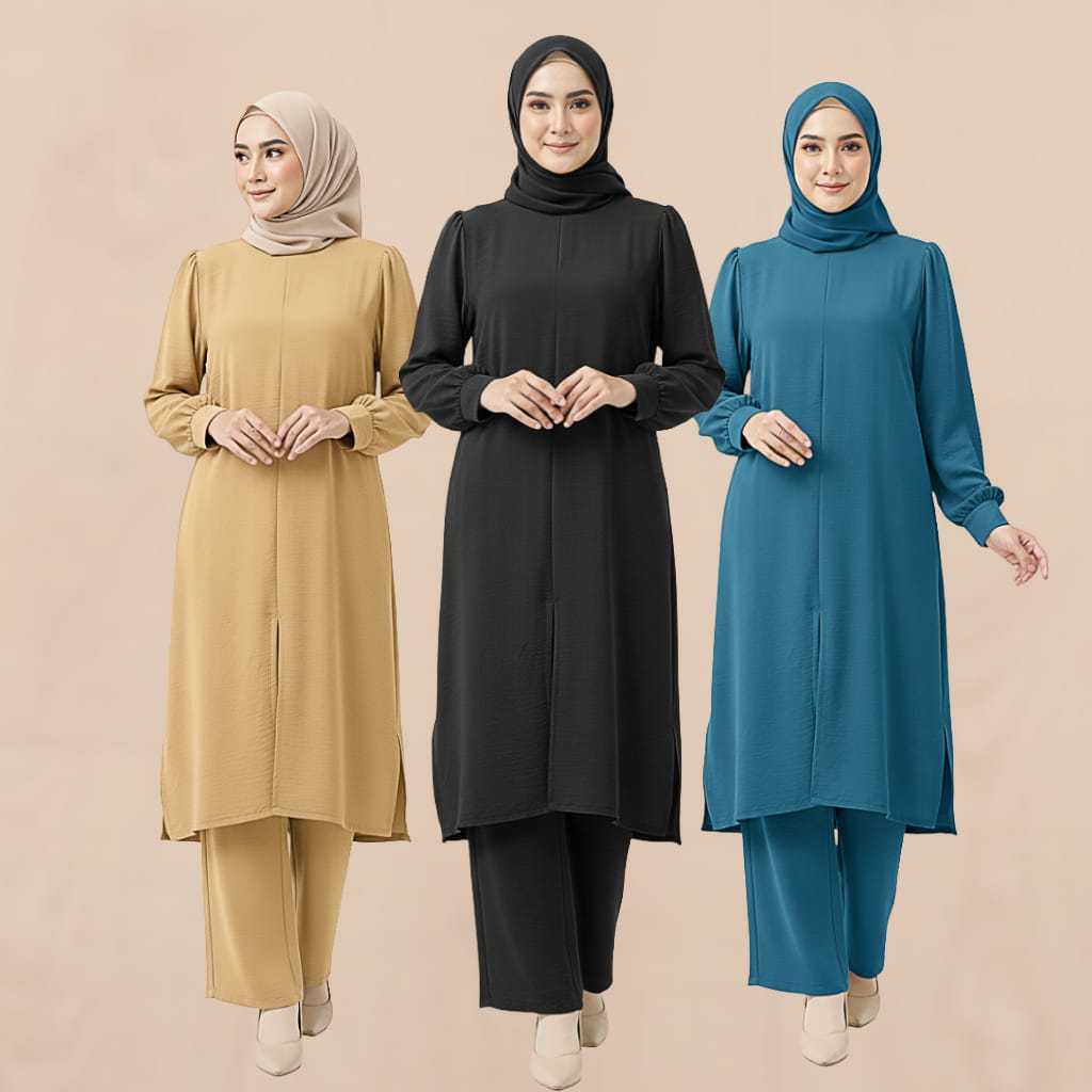 ใหม่ Baju Suite Set Muslimah Fashion New Cey Ironless แขนยาว Di Ada Zip ผู้หญิงแฟชั่น