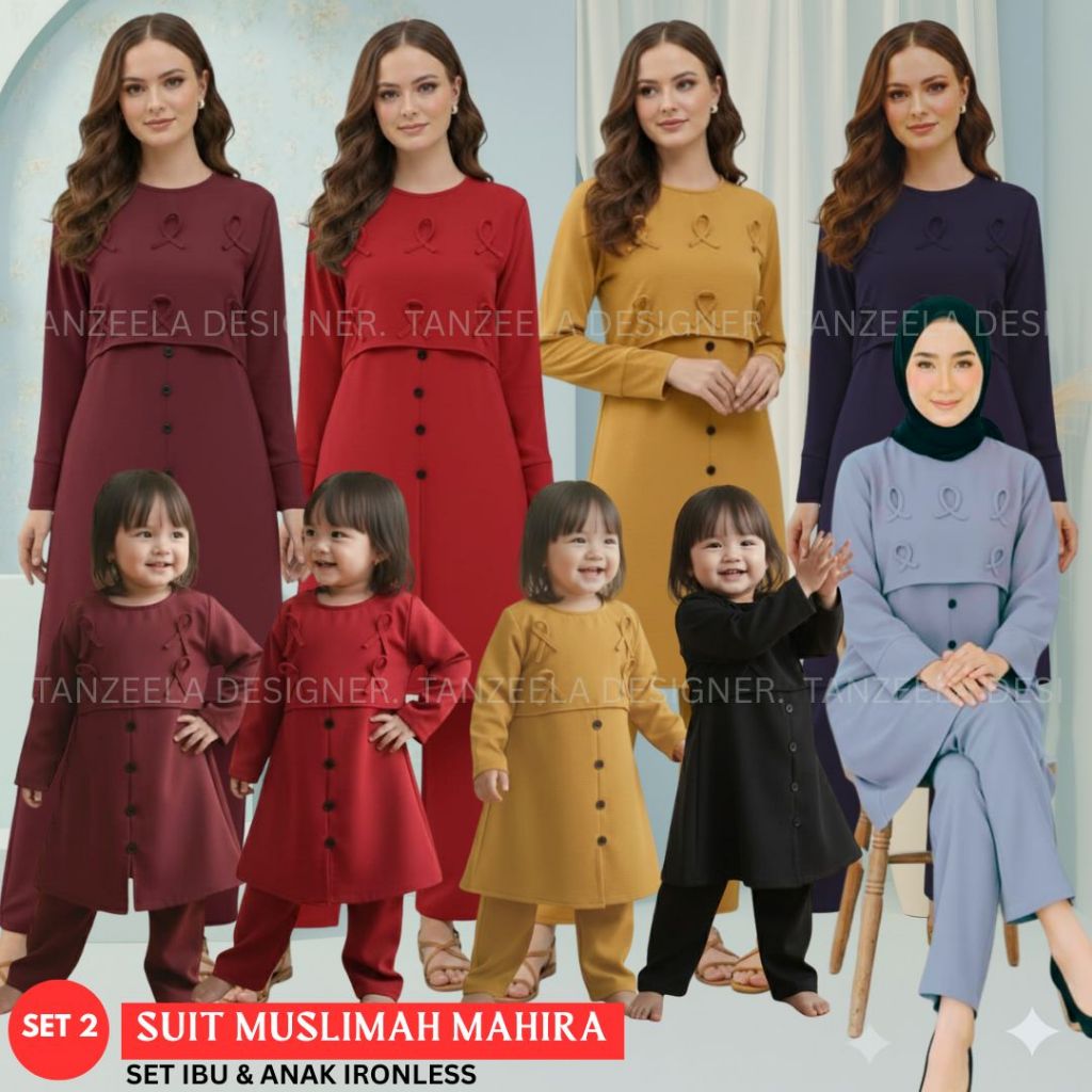 SET 2 - ชุดสูท Muslimah MAHIRA Ironless (Set Ibu และ Anak Sedondon) เสื้อเชิ้ตริบบิ้นและเสื้อเชิ้ตสีดํา