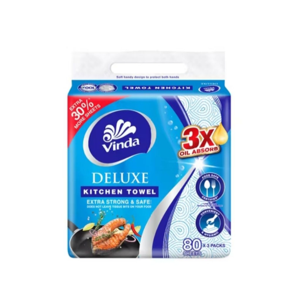 Vinda Deluxe Kitchen Towel/80 แผ่น 3 แพ็ค/3 แพ็ค/80 แผ่น/Vinda/ดีลักซ์/ผ้าเช็ดตัวครัว/Tisu Vinda/Tis