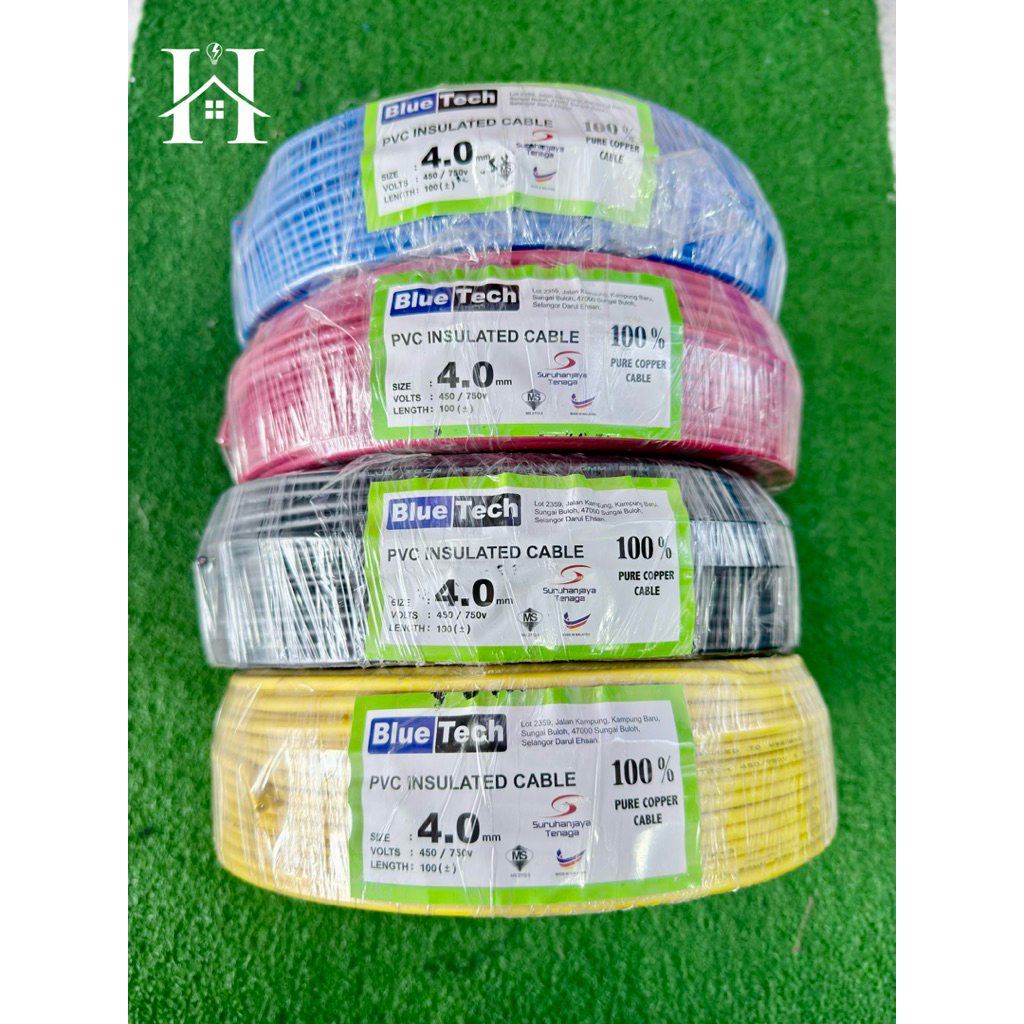สาย BLUETECH 4.0MM 450/750V สาย COPPER บริสุทธิ์ 100% 100 เมตร พร้อม SIRIM