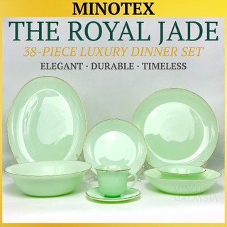 The Royal Jade - 38pcs (6 Person) Opal Glass Dinner Set (Gold Rim • Elegant & Durable Tableware)