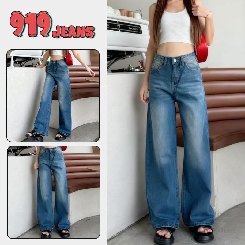 919JEANS กางเกงยีนส์สีน้ําเงินเข้มรุ่น 919JEANS กางเกงขายาวทรงกระบอกพื้นฐานแฟชั่นเรียบง่ายเหมาะสําหร