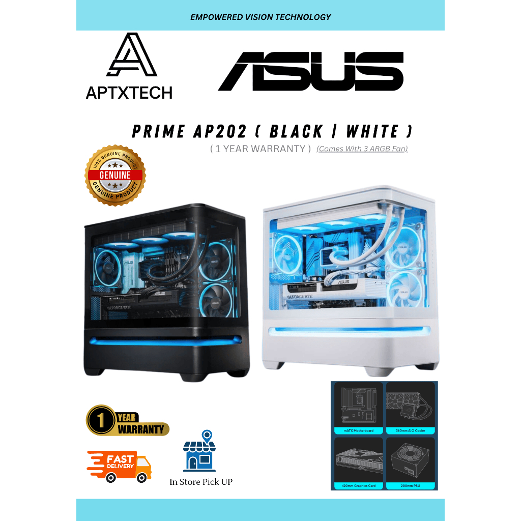 ASUS PRIME AP202 MATX CASING พร้อมพัดลม ARGB 3 ตัว (ขาวดํา)