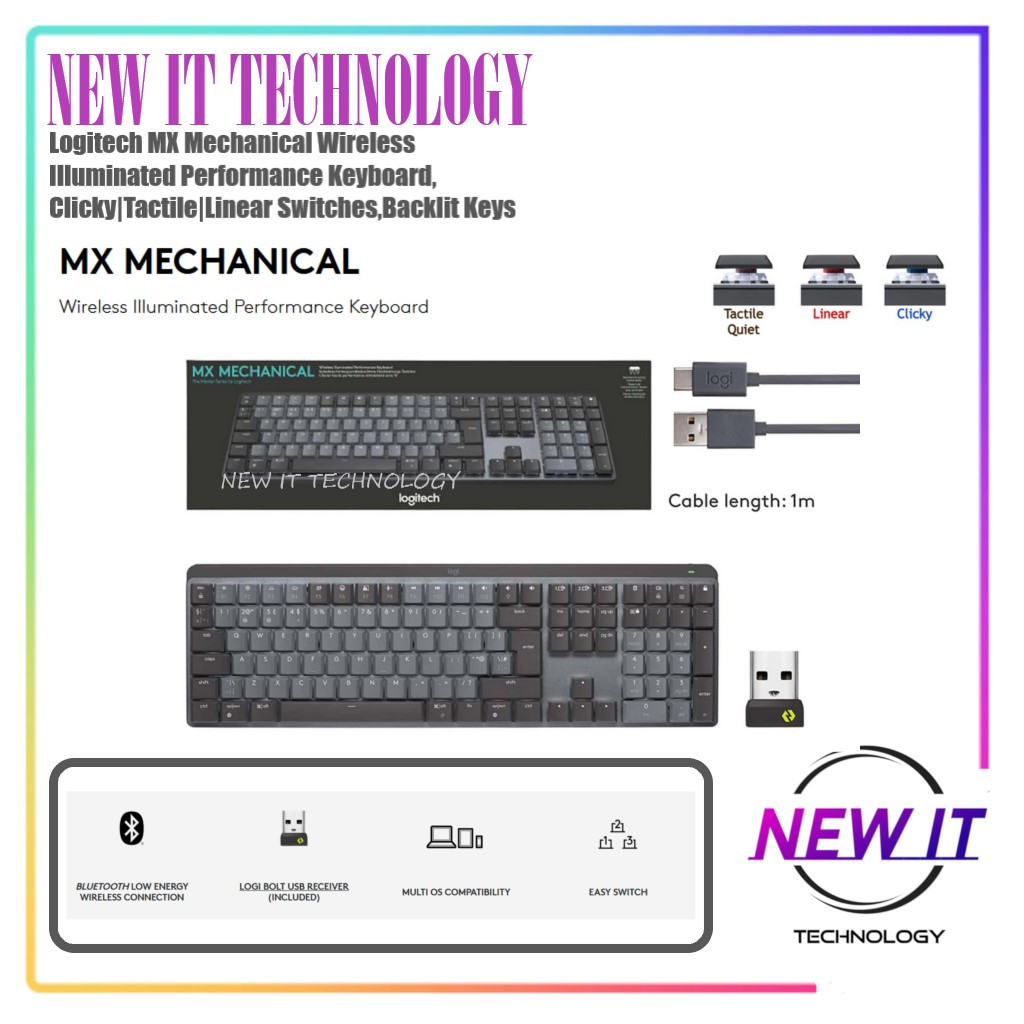Logitech MX Mechanical Wireless Illuminated Performance Keyboard,Clicky|Tactile|Linear Switches,Back