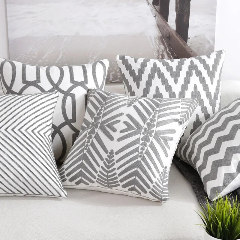 PILLOW CASES GREY EMBROIDERED CUSHION COVER SARUNG KUSYEN KELABU BERSULAM SOFA THROW