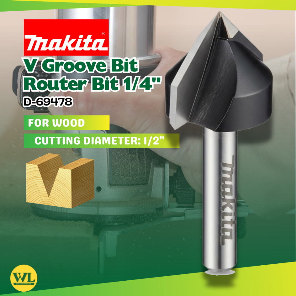 Makita 1/2" x 1/4" V Groove Bit (ดอกเร้าเตอร์) D-69478 6mm Shank / Mata Wood Trimmer