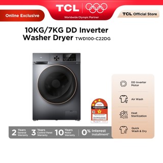 TCL 10/7KG Washer & Dryer 2 In 1, DD Inverter, Quick Wash, Honeycomb Drum Mesin Basuh dan Pengering TWD100-C22DG