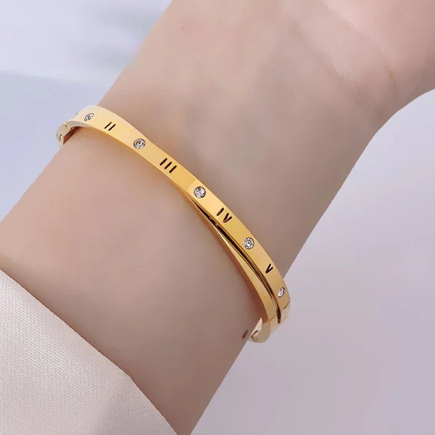 ROMAN NUMERAL ZIRCONIA ANGLE DOUBLE TITANIUM STEEL GELANG TANGAN ANTI KARAT JEWELLERY