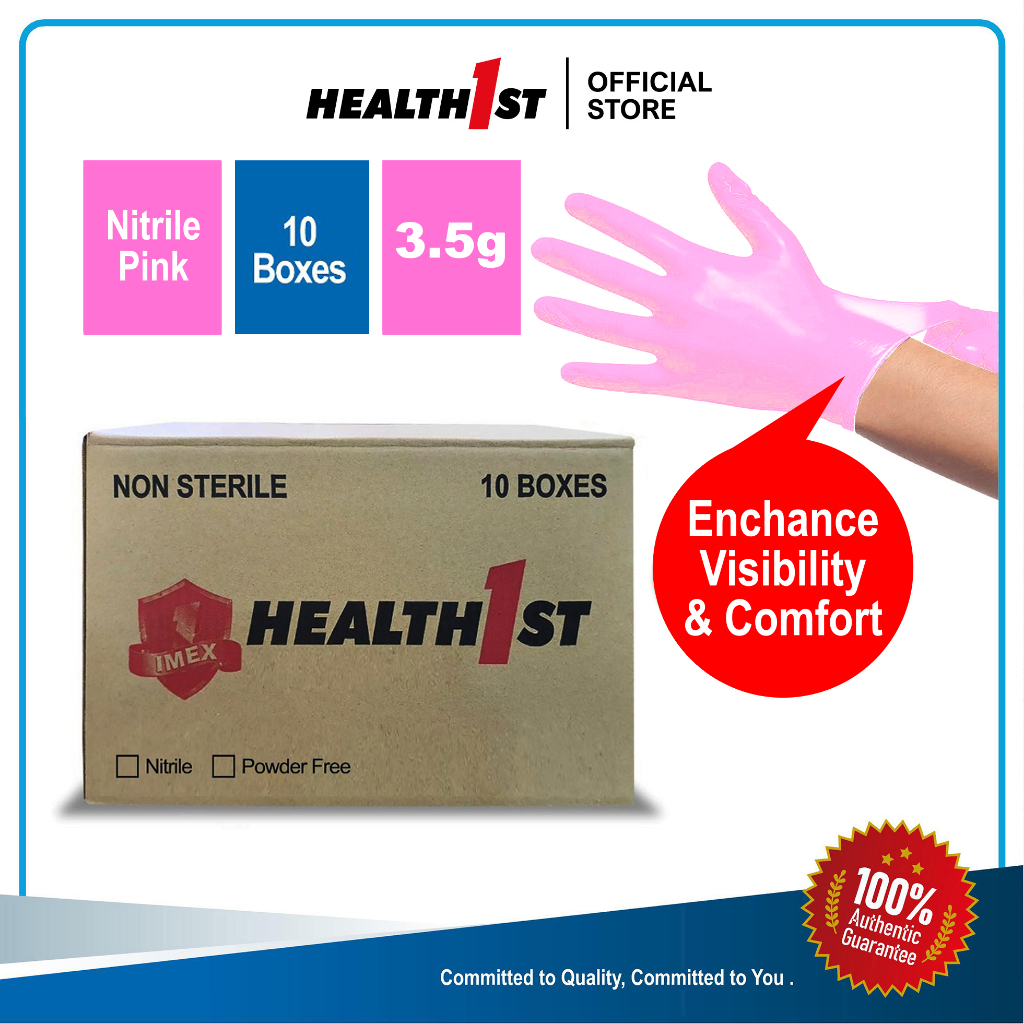 MERAH Health1st Nitrile Pink Gloves I ถุงมือไนไตรสีชมพู I 10 กล่อง x 100 ชิ้น I 3.5g 240 มม. P/ฟรีแบ