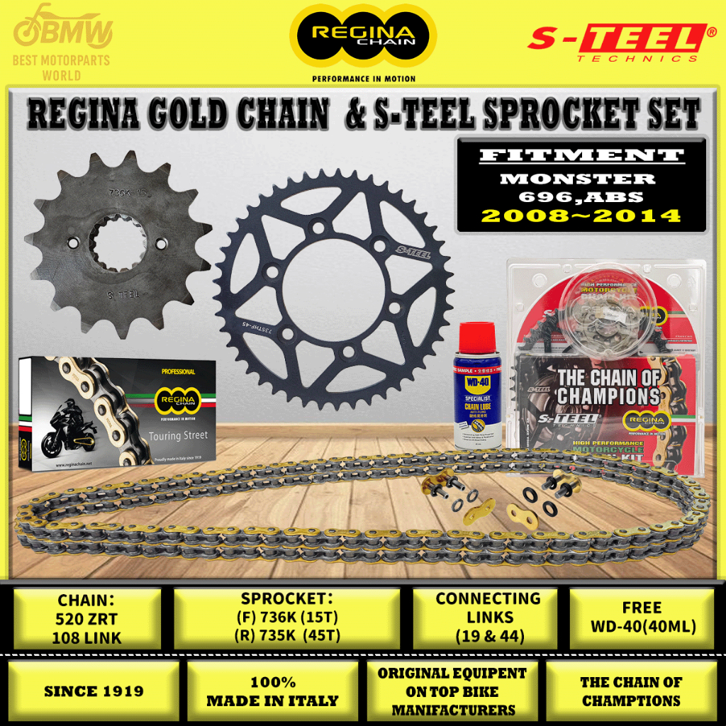 REGINA CHAIN + S-TEEL SPROCKET KIT DUCATI MONSTER 696 / 696 ABS (2008–2014)|520 ZRT / ZRA|108ล|15T /