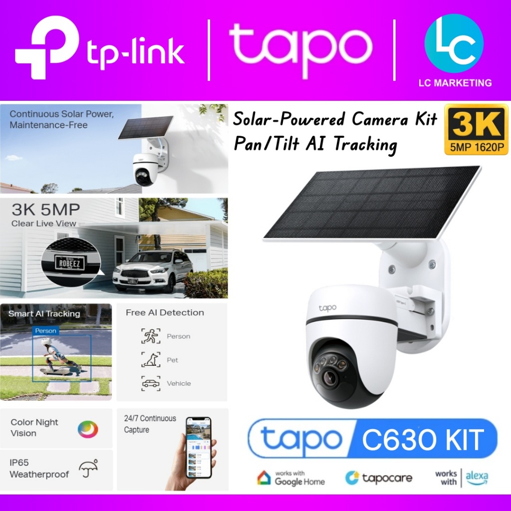 Tp-Link Tapo C630 KIT 3K 5MP Solar-Powered Pan/Tilt Security Camera Kit กล้องวงจรปิดแบตเตอรี่ AI ติด