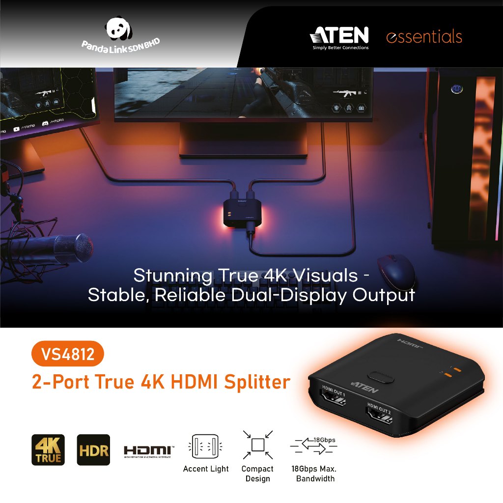 ATEN VS4812 2-Port True 4K HDMI Splitter + ฟรีเสื้อยืดที่จําเป็น ATEN