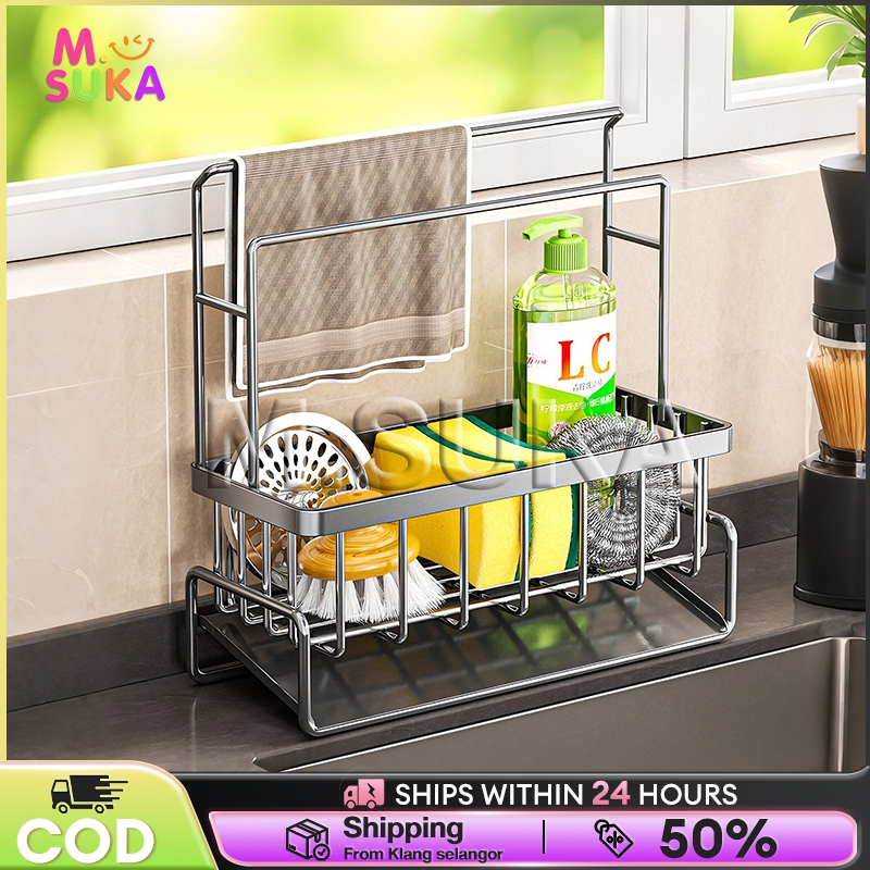 สแตนเลส 304 อ่างล้างจานด้านข้างฟองน้ํา Drainer Sink Organizer พร้อม Drainer baku span longkang