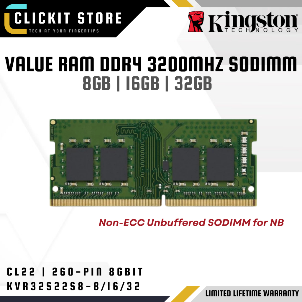 KINGSTON VALUE DDR4 3200MHZ CL22 SODIMM - 8GB/16GB/32GB หน่วยความจํา RAM สําหรับ NB - KVR32S22S8/8