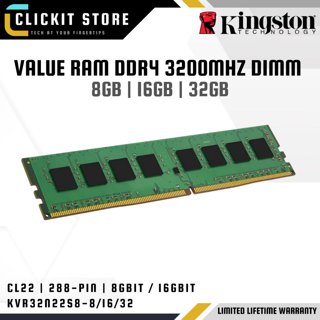 KINGSTON VALUE DDR4 3200MHz non-ECC CL22 DIMM Dekstop RAM - 8GB/16GB/32GB | KVR32N22S8/KVR32N22D8