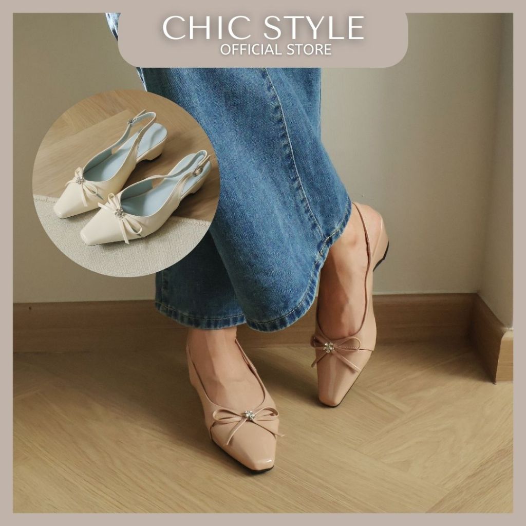 CHIC STYLE Laurel Peekaboo Bow Slingback Wedges Heels Casual OL Rhinestone Buckle Close Toe Heels Ka