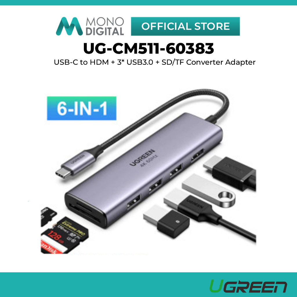 UGREEN CM511 Type-C USB-C 3.0 Male To HDMI + 3* USB3.0 + SD/TF อะแดปเตอร์แปลงหญิง USB-C Hub 4K@60HZ 