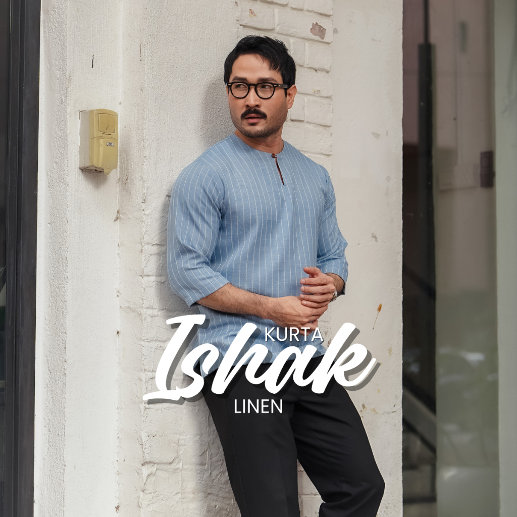 Kurta Isgark Linen 2.0 ผ้าฝ้ายลินินลายทาง Telk Belanga แขน 3 ไตรมาสเสื้อผ้า Waw Collection