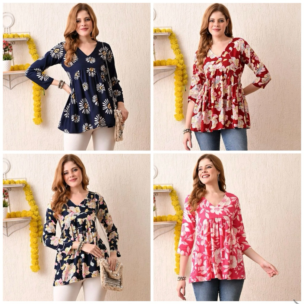 SSFH Cotton พิมพ์ลาย Peplum Flared Short Kurti (เฉพาะด้านบน)
