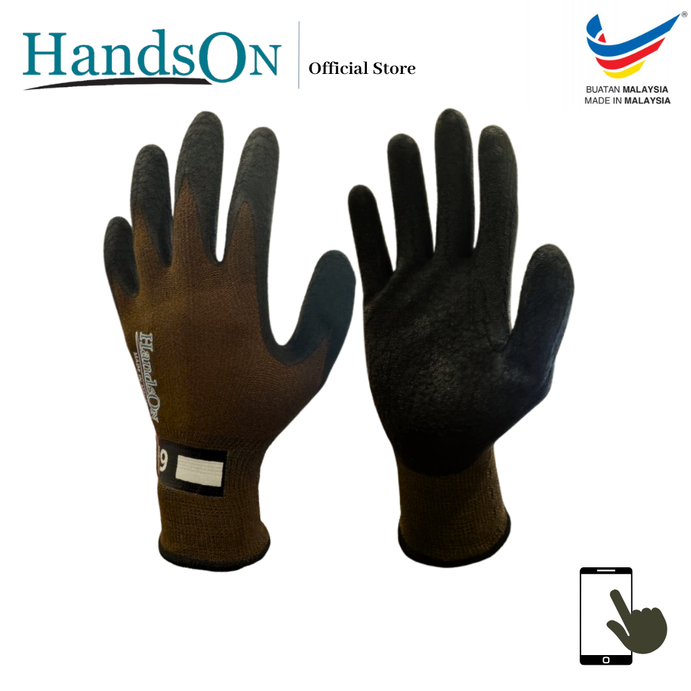 HandsON ถุงมือทํางานจับจีบยางลาเท็กซ์ | หน้าจอสัมผัส | สําหรับผิวแห้งและเปียก | EN388