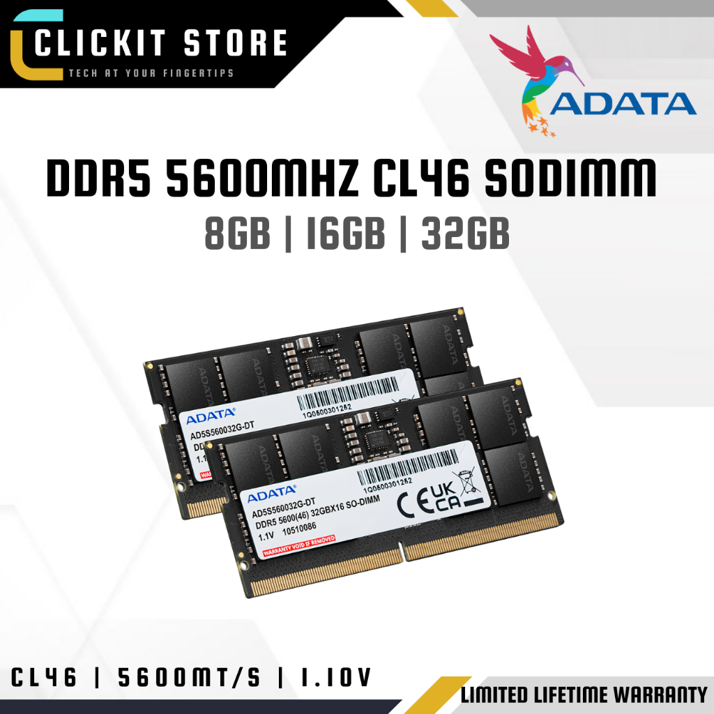ADATA DDR5 5600MHz CL46 SO-DIMM RAM - 8GB | 16GB | 32GB (แท่งเดี่ยว) - สําหรับโมดูลหน่วยความจําโน้ตบ