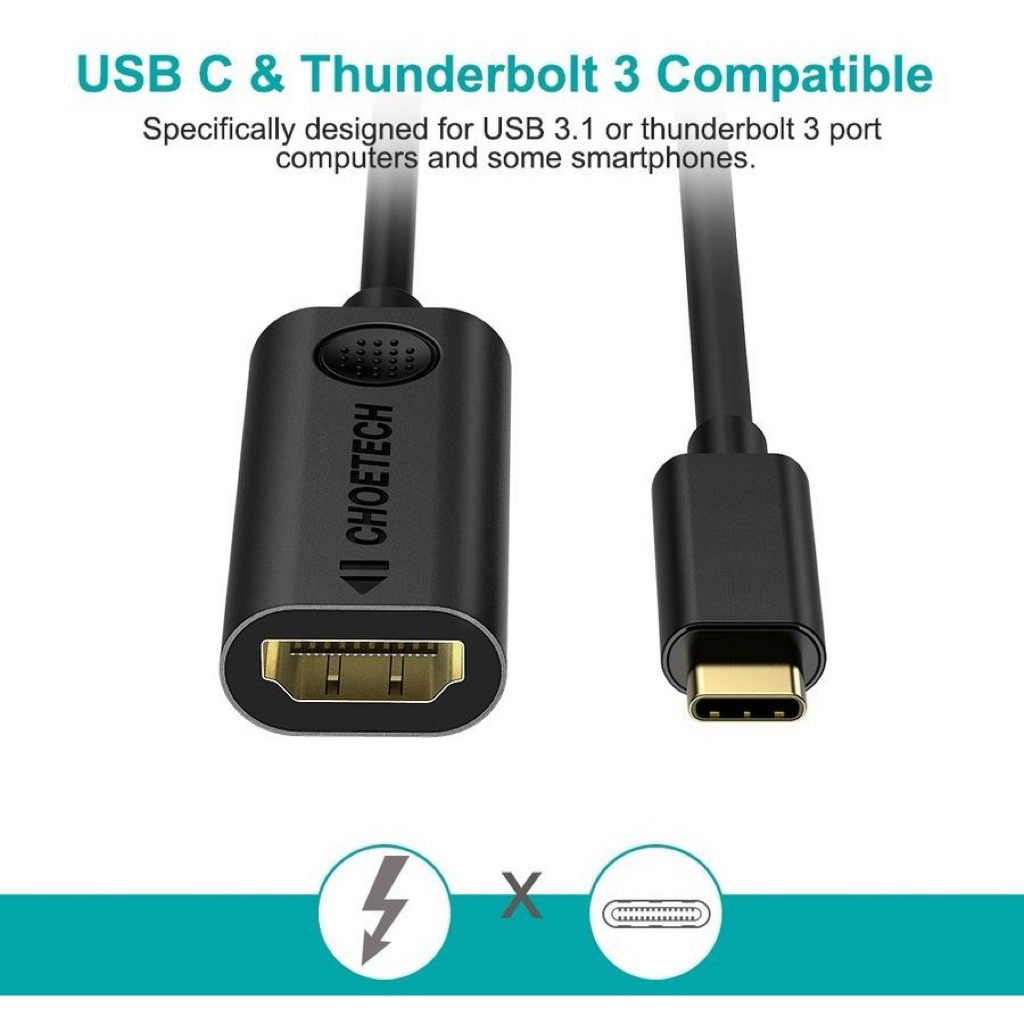Choetech HUB-H04 อะแดปเตอร์ USB-C เป็น HDMI สําหรับ Thunderbolt 3 และ USB-C - 20 ซม. สีดํา