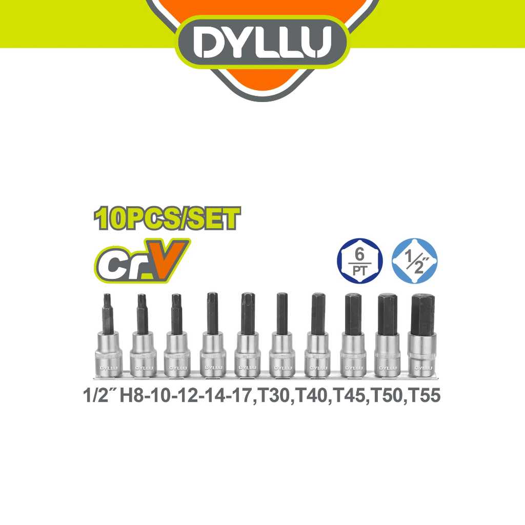 DYLLU Bit Socket Mechanic Tool Set Hex/Torx (10 ชิ้น x 1/2") DTST1412