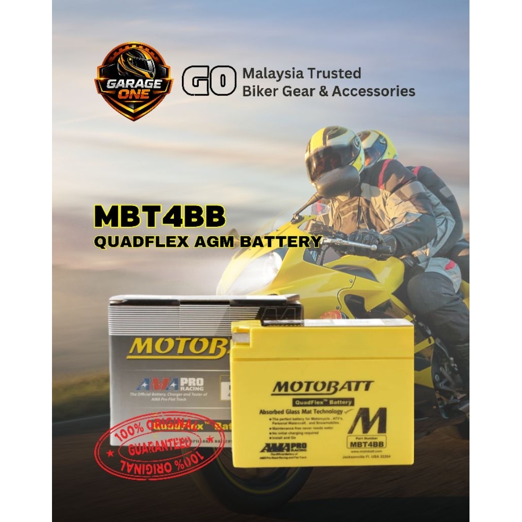 Motobatt MBT4BB QuadFlex แบตเตอรี่รถจักรยานยนต์ 12V 2.5Ah 40CCA AGM การบํารุงรักษาฟรี | เปลี่ยน YT4B