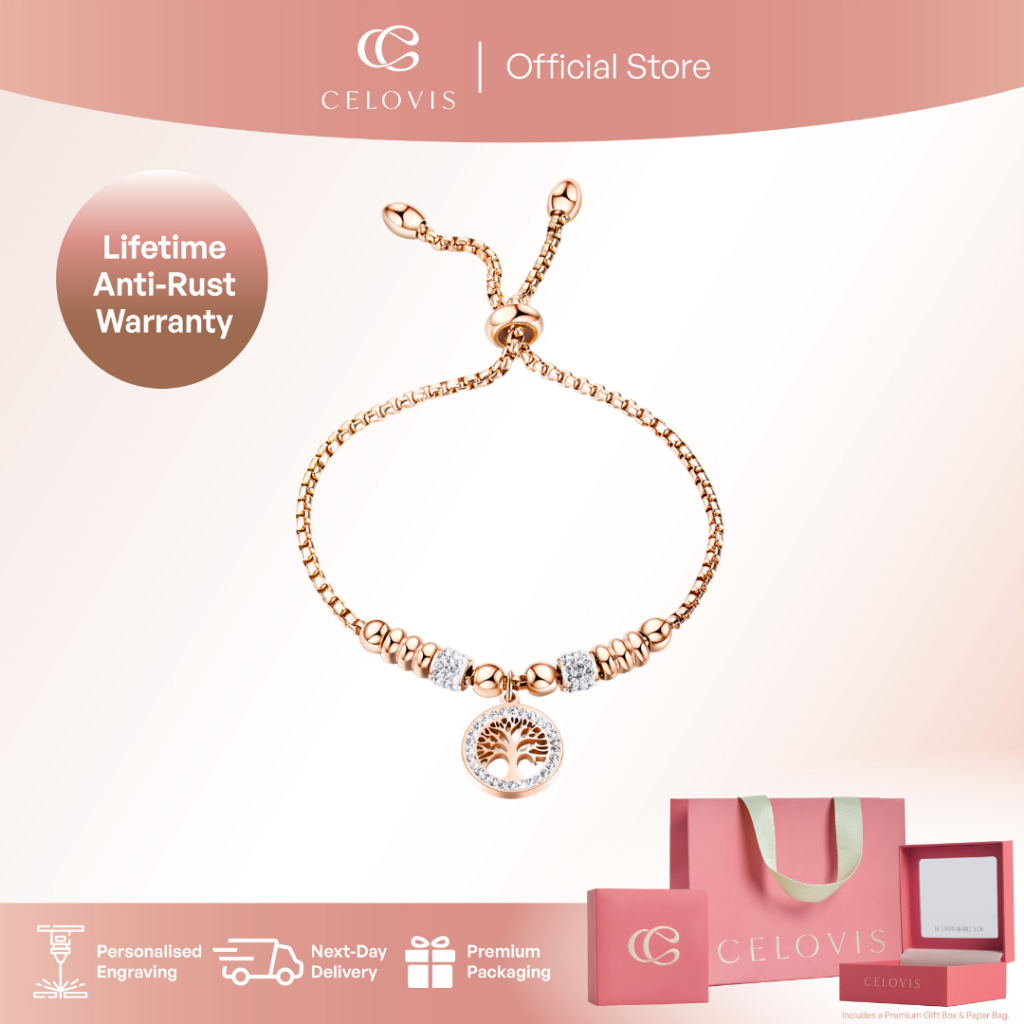 CELOVIS Eden Family Tree of Life with Rhinestones Pendant Beaded Ball Chain Bracelet in Rose Gold