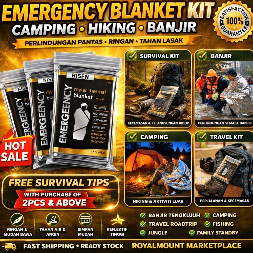 EMERGENCY BLANKET WATERPROOF SELIMUT BAJIR CAMPING HIKING OUTDOOR EMERGENCY TRAVEL THERMAL BLANKET S
