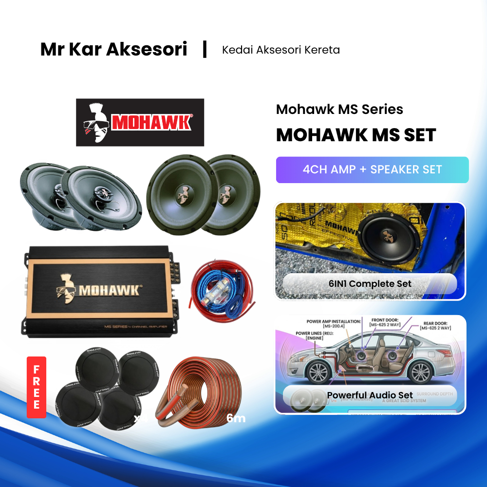 MOHAWK MS SERIES PACKAGE SET 6IN1 [MS-200.4 4CH AMPLIFIER + MS-625 2 WAY + MS-6 MIDBASS SPEAKER + ชุ