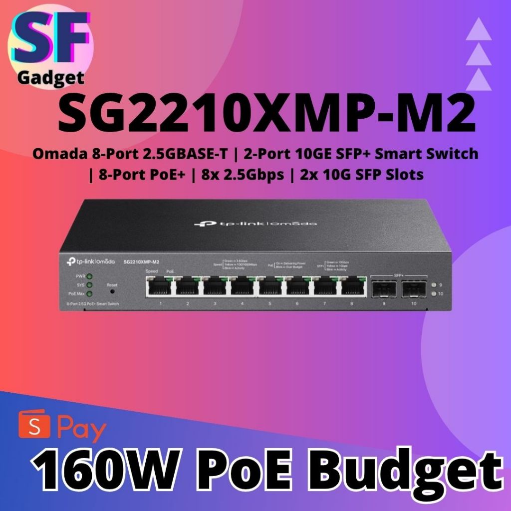 TP-LINK SG2210XMP-M2 160W PoE Omada 8-Port 2.5GBASE-T | สวิตช์อัจฉริยะ 2 พอร์ต 10GE SFP+ | 8-Port Po
