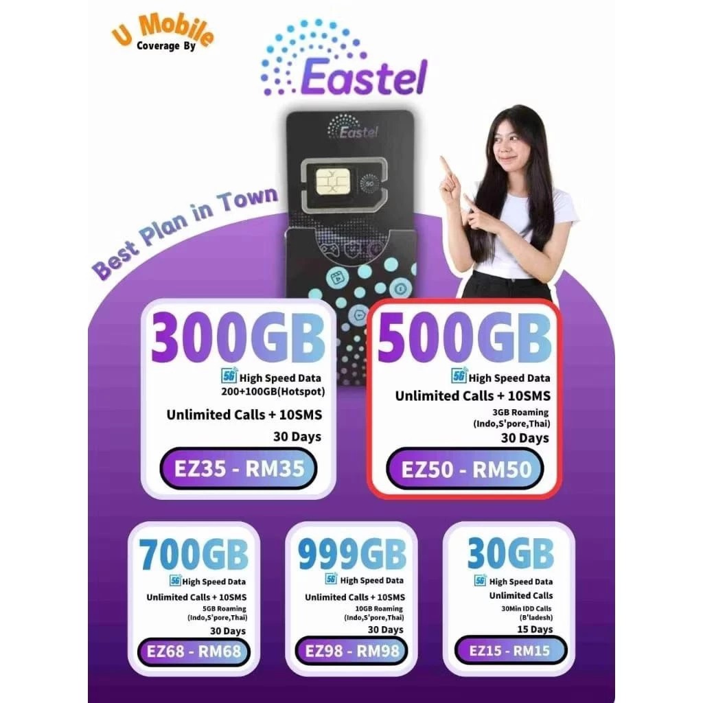 Umobile Eastel Prepaid Boleh พกพาข้อมูลไปข้างหน้า Ultra 5G 4G ข้อมูลความเร็วสูงไม่จํากัดซิมการ์ดโทร