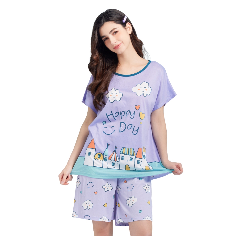 Young Hearts Young Curves Happy Day แขนสั้นไมโครไฟเบอร์ Top & Bottom Sleep Set C01-S01459