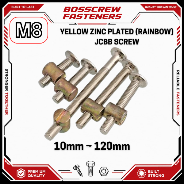 JCBB สกรู / น็อตบาร์เรล M8 x 10mm ~ 120mm , (สังกะสีสีเหลือง) เฟอร์นิเจอร์/สลักเกลียว DIY, Skru pera