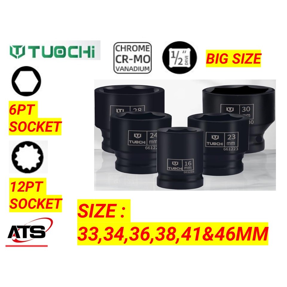 1/2" x 33mm - 46mm IMPACT SOCKET 1/2 INCH DR. มาตรฐาน. LENGTH – ซ็อกเก็ตกล่อง 12PT/6PT
