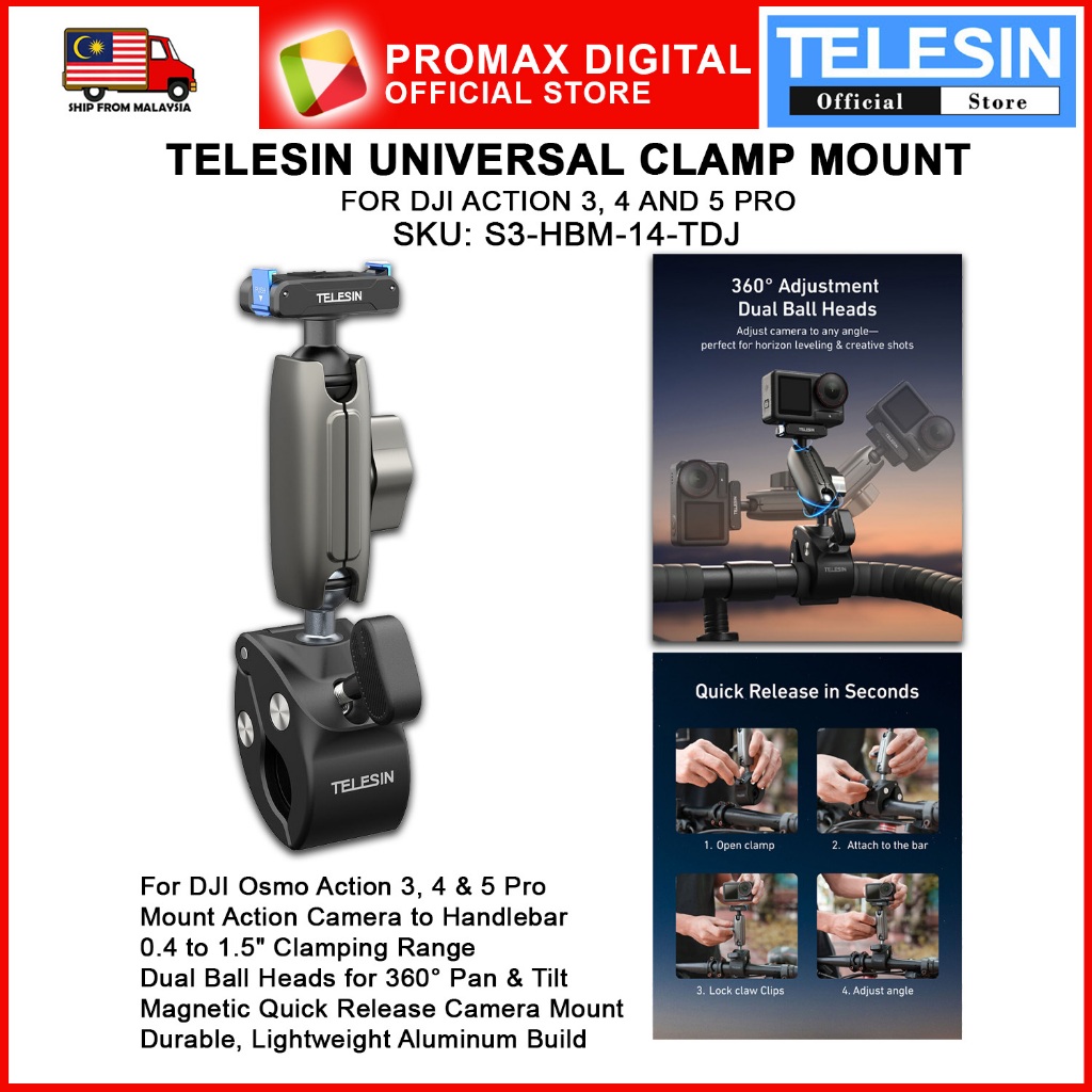 TELESIN S3-HBM-14-DJ UNIVERSAL CLAMP MOUNT สําหรับ ACTION 3 4 5 PRO QUICK RELEASE MOUNT