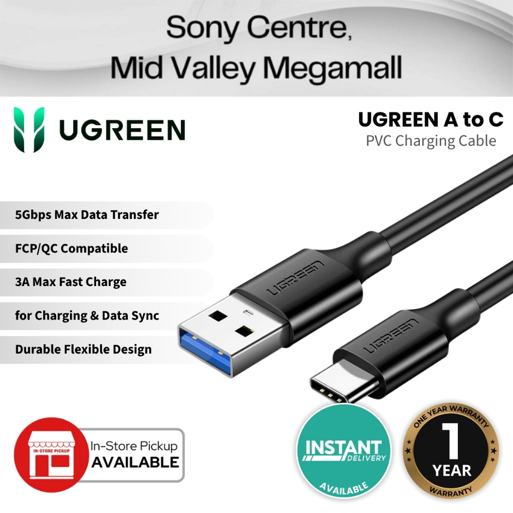UGREEN สาย USB-A เป็น USB-C 3.0 ชุบนิกเกิลความเร็ว 5Gbps 3A Max