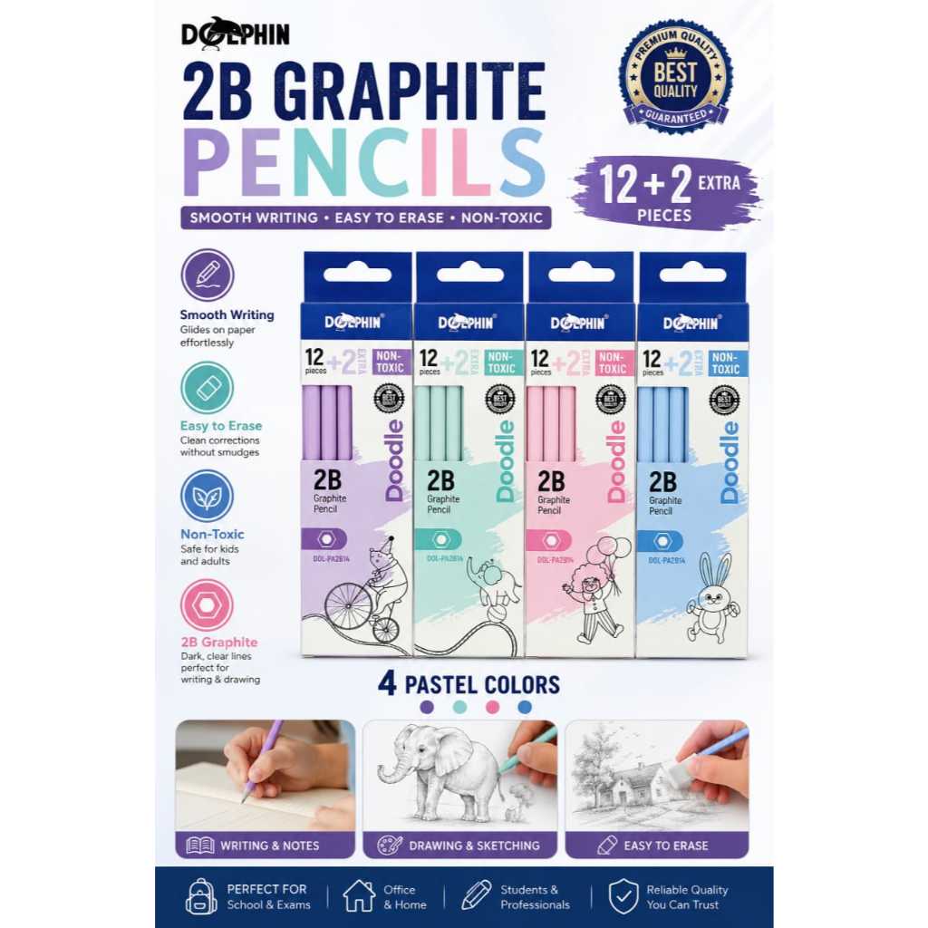 DOLPHIN 2B PENCIL PENSEL DOODLE 12+2PCS 1BOX No.DOL-PA2B14