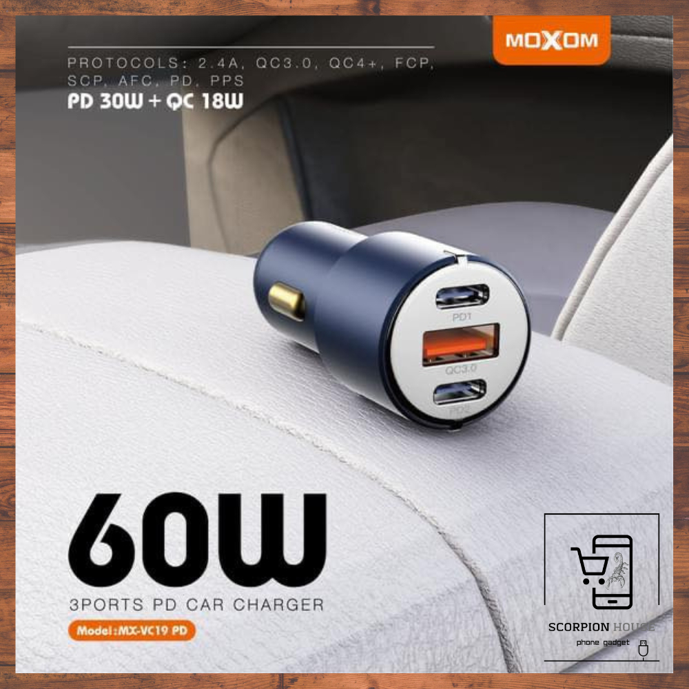 MOXOM MX-VC19 60W 2 PD 30W + USB QC3.0 18W อะแดปเตอร์ชาร์จในรถยนต์