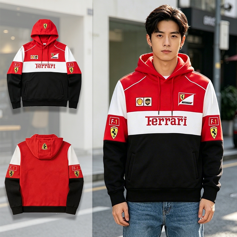 Ferrari F1 เย็บปักถักร้อยRacing Cotton Hoodie Retroแฟชั่นแขนยาวWindbreaker Jacketผู้ชาย