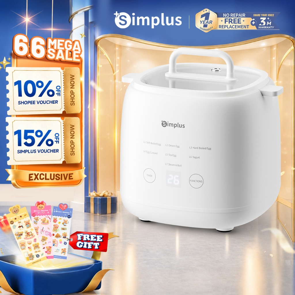 Simplus หม้อหุงไข่มัลติฟังก์ชั่น 7 โหมด 24h จับเวลา Touch Control จอแสดงผลดิจิตอลนึ่งไข่คัสตาร์ด Yogu DZEG006