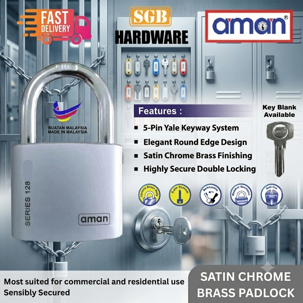 AMAN 40/50/60 มม.128 ทนสภาพอากาศป้องกันการตัดซาติน Chrome Keylock Kunci Mangga Tahan Cuaca 1 ชิ้น