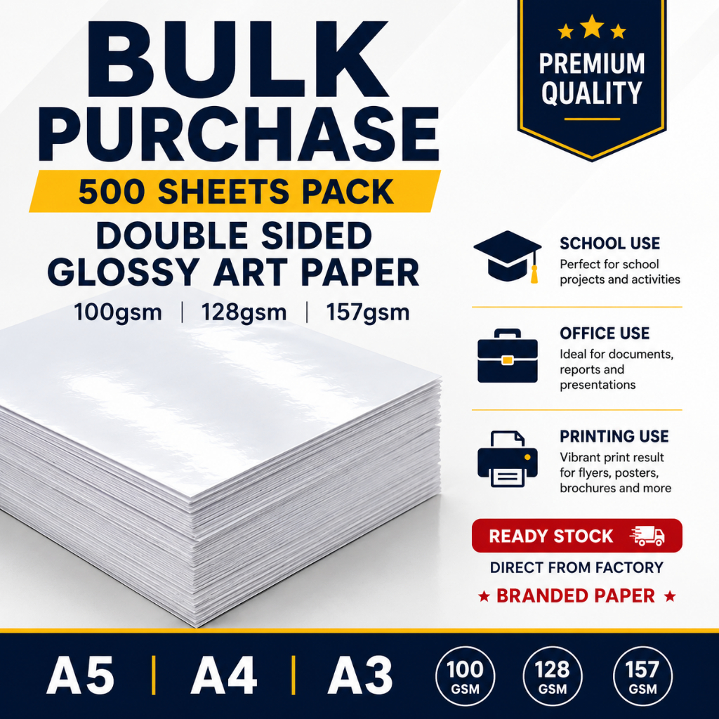 *ซื้อจํานวนมาก* 100GSM 128GSM 157GSM Double Sided GLOSSY ART PAPER A5 A4 A3 SIZE/ KERTAS A4/ KERTAS 