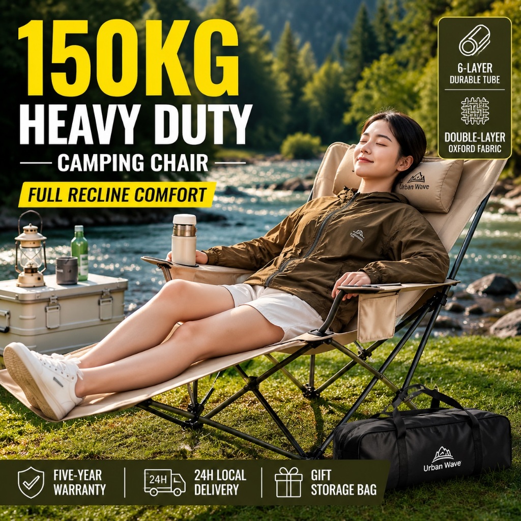 Urban Wave Kerusi Lipat เก้าอี้ตั้งแคมป์ Heavy Duty 150KG ผู้เอนกายพับได้กลางแจ้ง Santai แบบพกพา