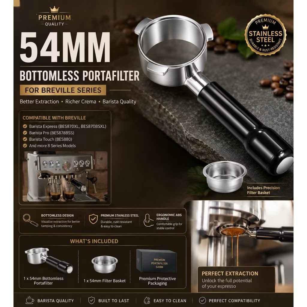 54 มม. Bottomless Portafilter สําหรับ Breville Barista Express, BES870XL, BES870BSXL, BES878BSS, BES